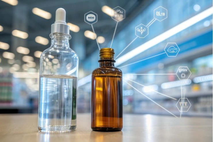 Clear dropper bottle and amber glass bottle showing packaging safety and barrier icons.