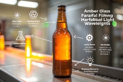 Single amber bottle with diagram explaining light wavelength protection for beverages in glass