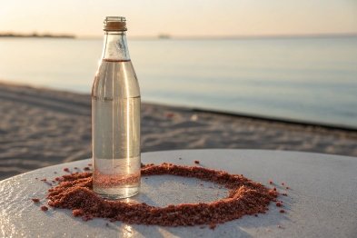 Clear water bottle on beach table, sand circle, calm sea at sunset