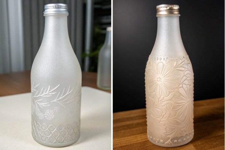 Frosted embossed glass bottle designs with floral patterns, matte finish, and metal caps.