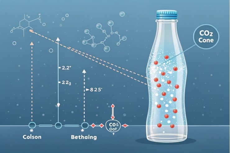 Infographic showing CO2 carbonation inside clear glass beverage bottle