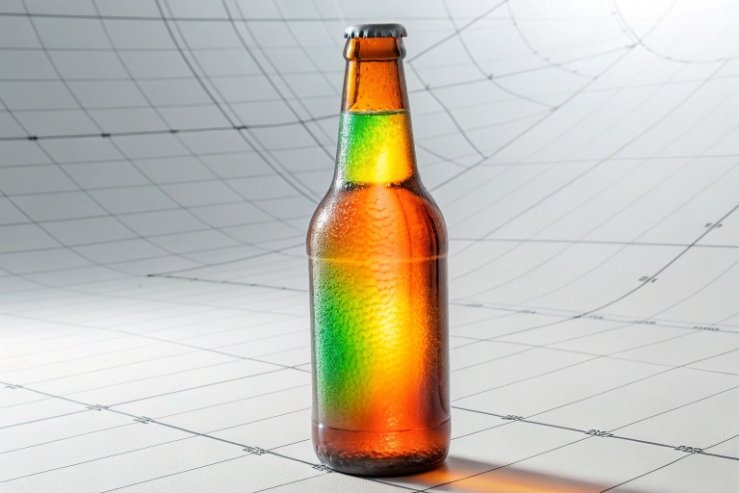 Amber glass beer bottle with stress pattern visualization for durability and thickness analysis.
