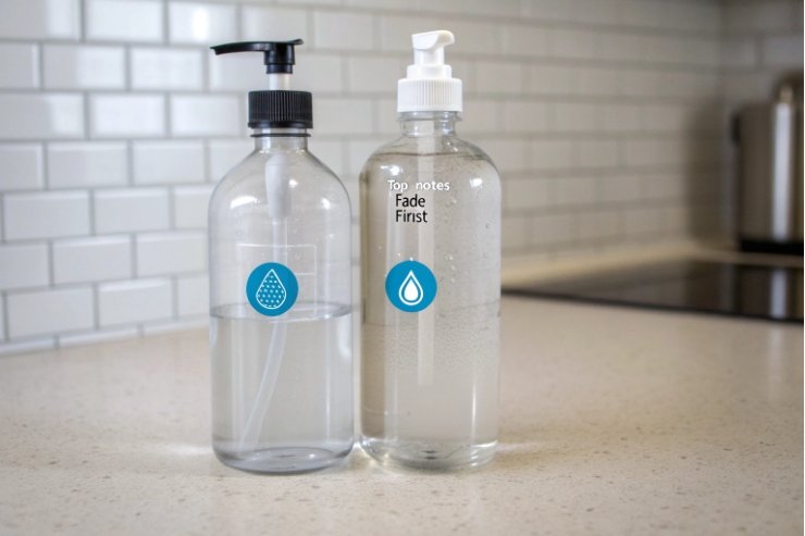 Two clear pump dispenser bottles on kitchen counter for liquid soap or sanitizer packaging.
