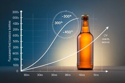 Amber glass bottle with performance curve infographic showing light blocking and shelf stability