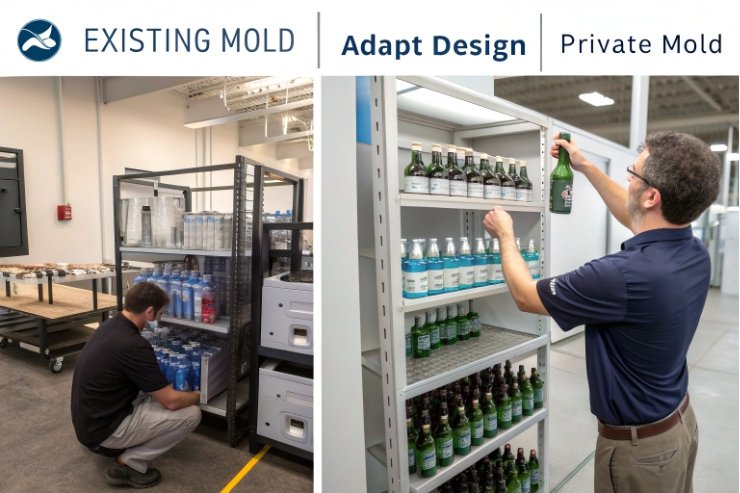 Existing mold samples and engineer selecting bottles for adapted design private mold testing