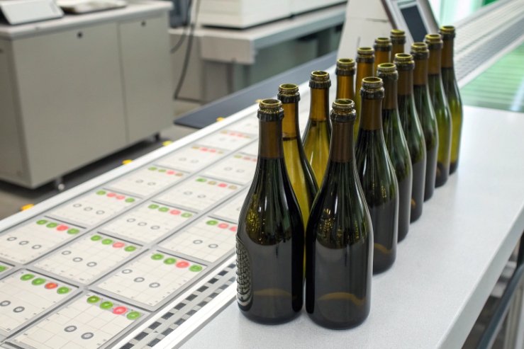 Dark glass wine bottles lined up for quality inspection on lab conveyor table.