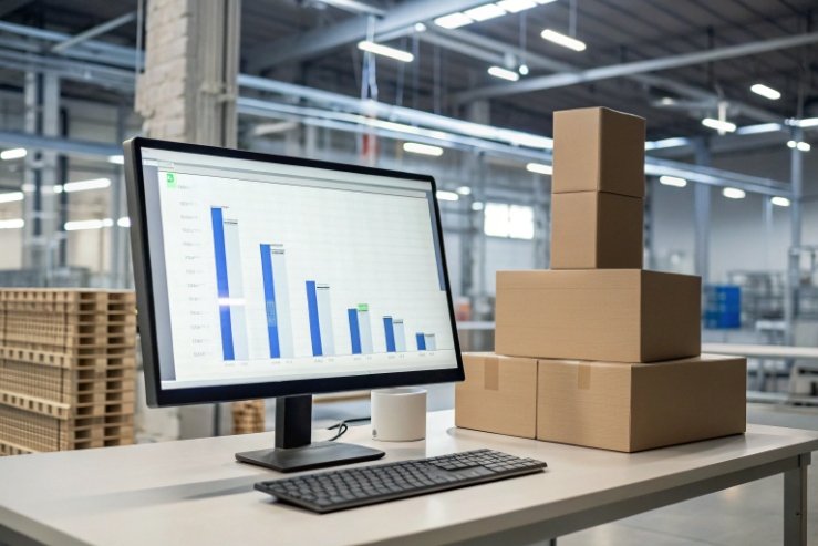 Warehouse workstation with monitor analytics and stacked cartons for shipping planning