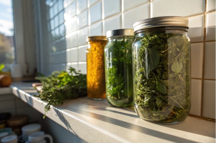 Mason jars filled with dried herbs on sunny windowsill for kitchen storage