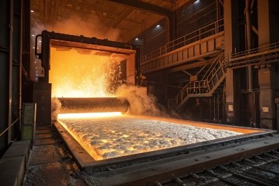 Molten glass sheet exiting industrial furnace with high heat glow and sparks