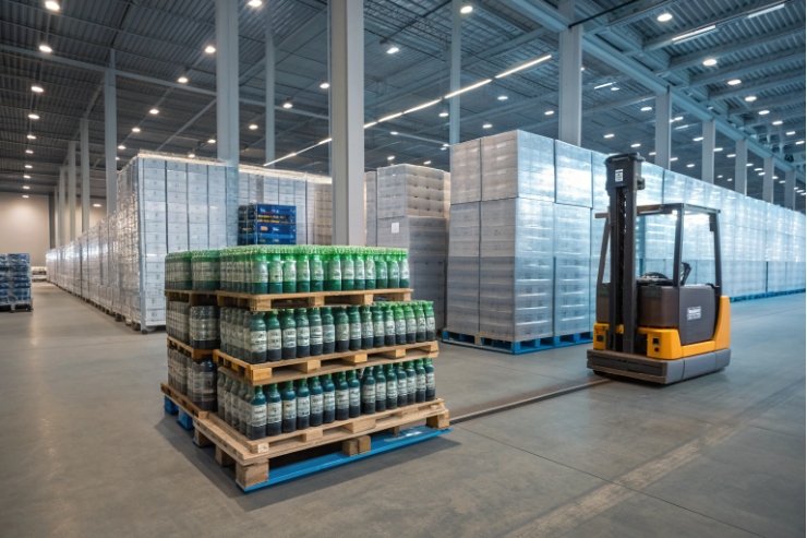 Warehouse pallets of bottled beverages with forklift in large distribution center