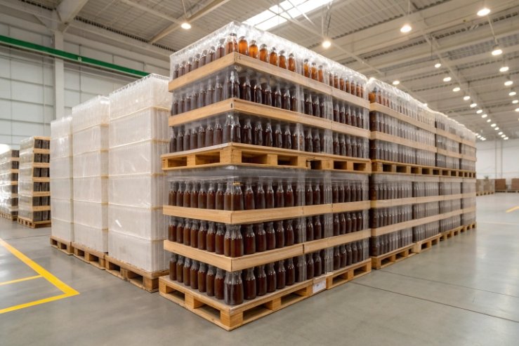 Shrink-wrapped pallets of filled glass bottles in warehouse for bulk distribution.