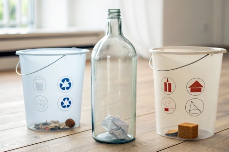 Empty glass bottle between sorting bins for recycling and household waste