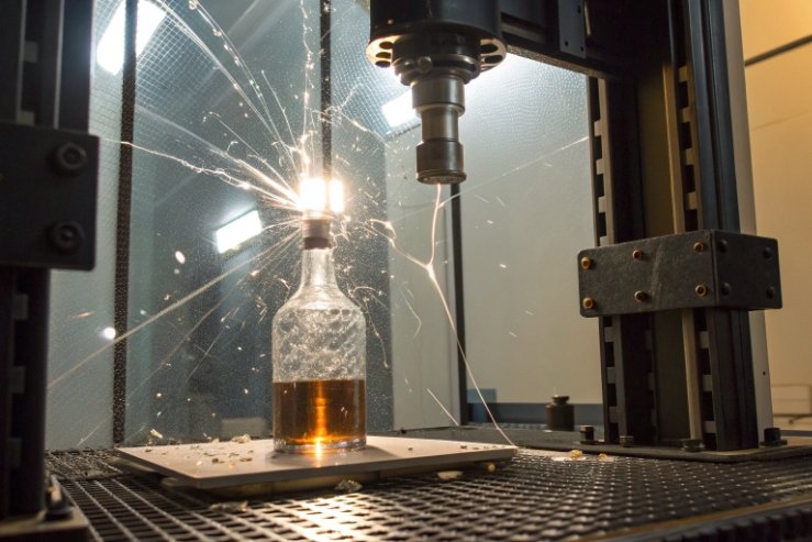 Glass bottle strength test with impact sparks in laboratory durability inspection rig