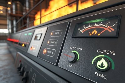 Close up furnace dashboard showing fuel and temperature gauges for glass melting