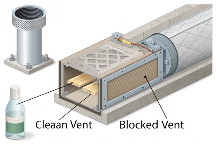 Diagram comparing clean vent and blocked vent for bottle molding airflow