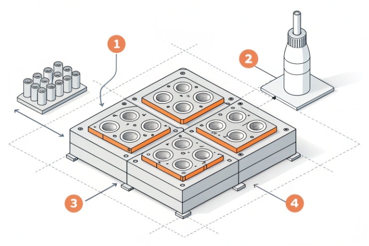 Illustration of four-cavity mold plate with numbered steps and bottle example