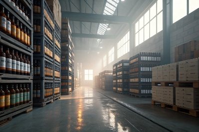 Large warehouse aisle with palletized glass bottles and cartons in storage