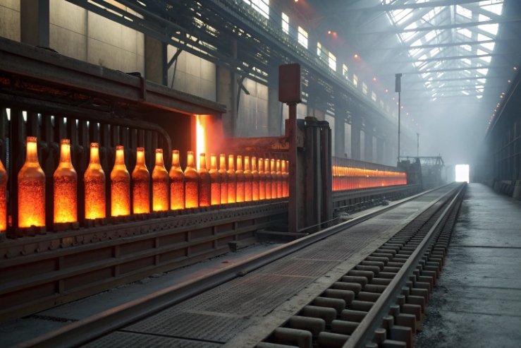 Hot glass bottles glowing on factory conveyor near furnace during production