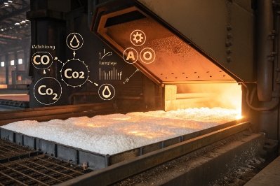Glass furnace charging area with CO2 monitoring icons for low emission melting process