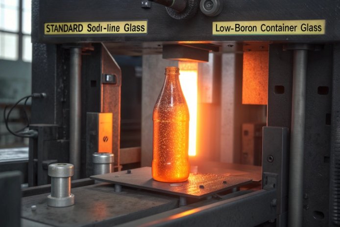 Hot orange bottle in test rig comparing standard soda-lime and low-boron container glass