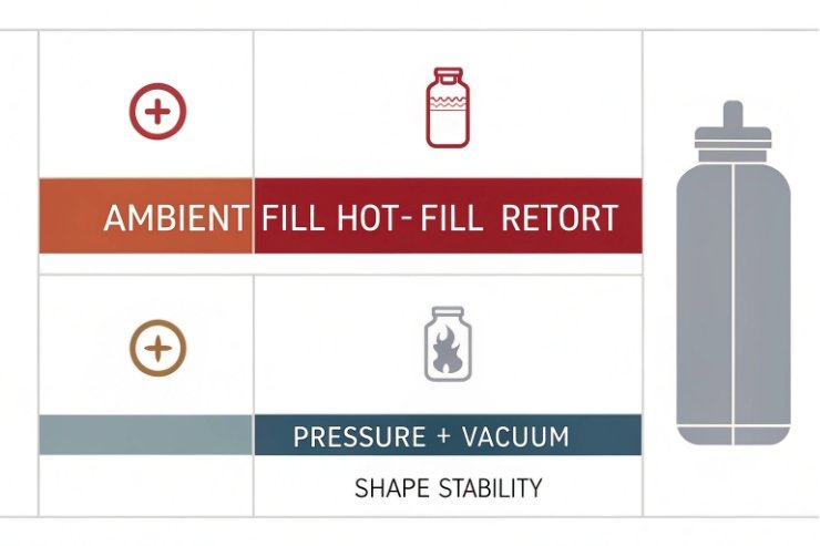 Packaging chart showing ambient fill, hot-fill, and retort with pressure vacuum shape stability.
