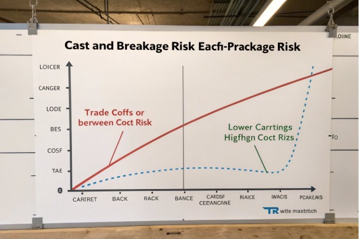 Wall chart comparing packaging cost versus breakage risk across shipping methods