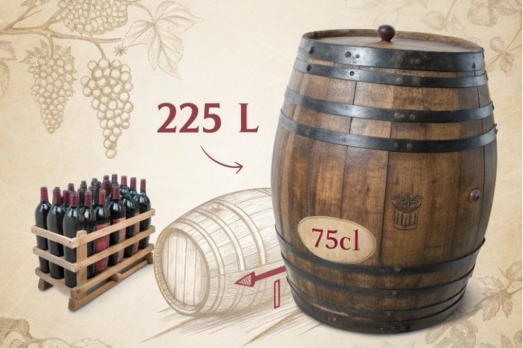 Illustration comparing 225L wine barrel to multiple 75cl glass bottles