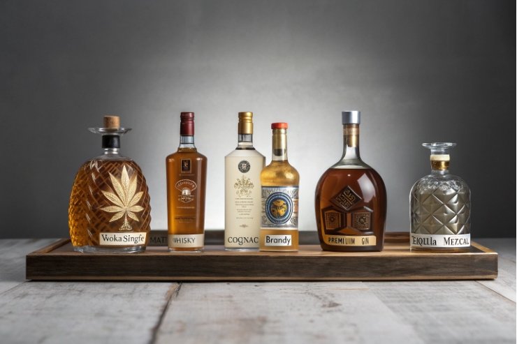 Selection of premium spirits bottles arranged on wooden serving tray