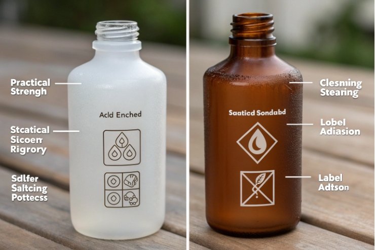Acid-etched and sandblasted glass cosmetic bottles highlighting label adhesion and texture