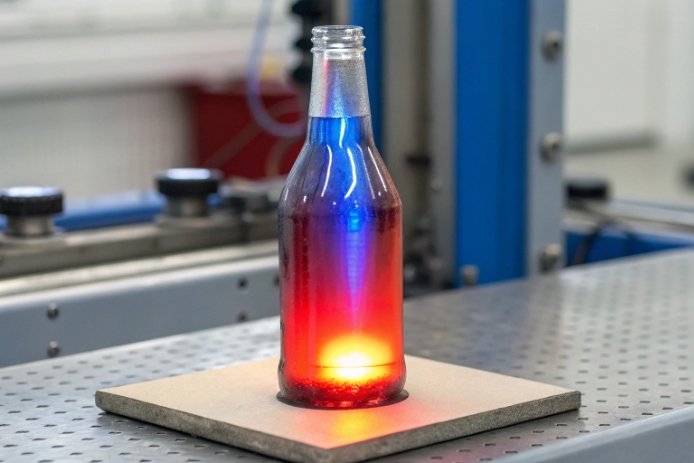 Glass bottle under thermal testing with blue red heat glow on lab platform