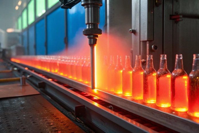 Hot glass bottles on conveyor during annealing line in factory