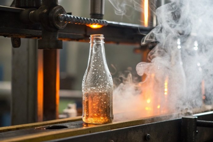 Hot glass bottle on production line with steam, annealing and heat treatment process