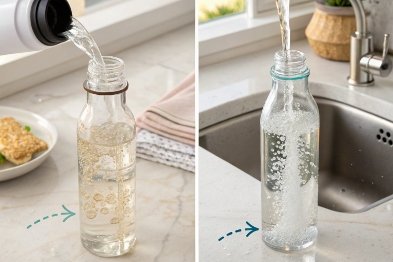 Refilling reusable glass bottle with water at kitchen sink, before and after