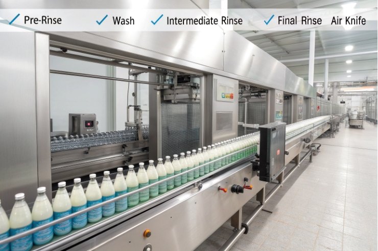 Glass bottles moving through automated wash and rinse line with air knife drying