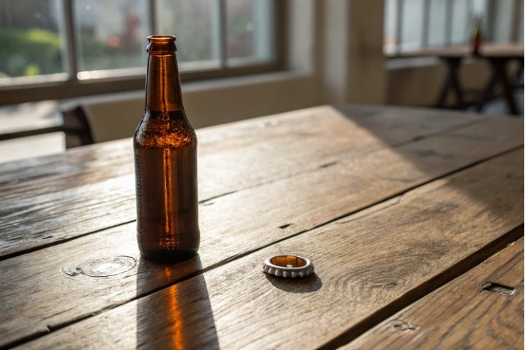 Amber beer bottle on rustic wooden table with loose crown cap in sunlight.