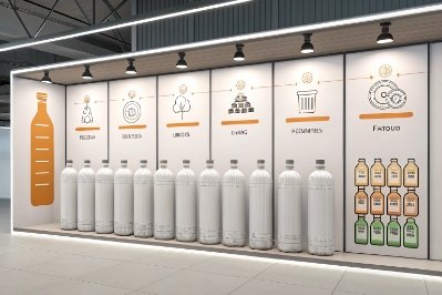 Production display wall showing bottle shapes and filling line workflow for packaging