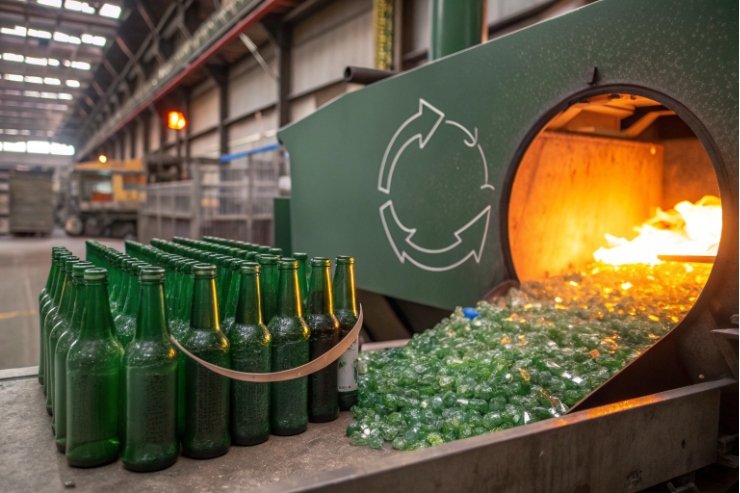 Green glass bottles and cullet entering recycling furnace machine inside glass factory