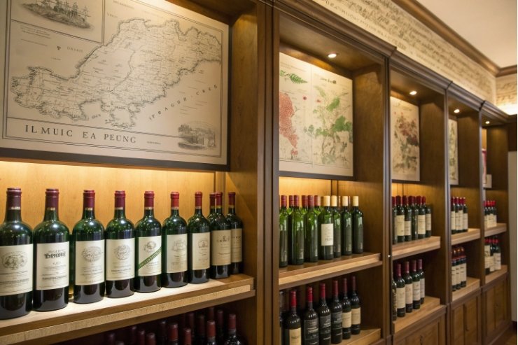 Wine shop wall with glass wine bottles and vintage region maps