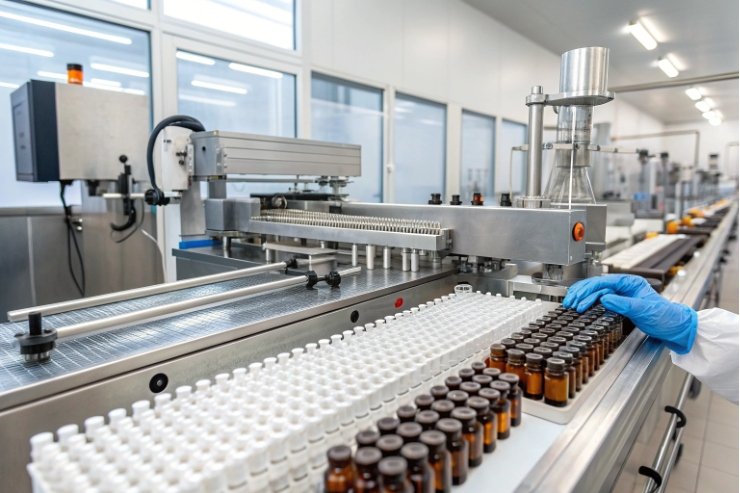 Pharmaceutical vial filling line with amber and white bottles guided by gloved technician.