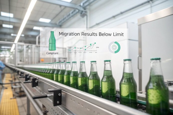 Green glass bottles on conveyor with migration test results below limit compliant label