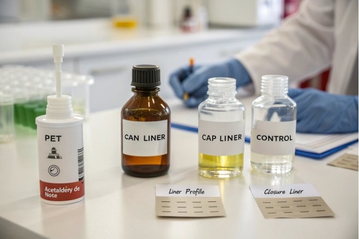 Packaging liner test samples in bottles labeled PET, can liner, cap liner, control