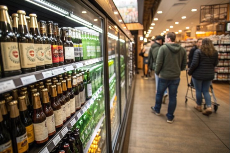 Supermarket fridge stocked with craft beer bottles while shoppers browse aisle