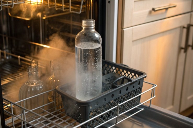 Hot glass bottle in dishwasher rack with steam, cleaning and sanitizing process.