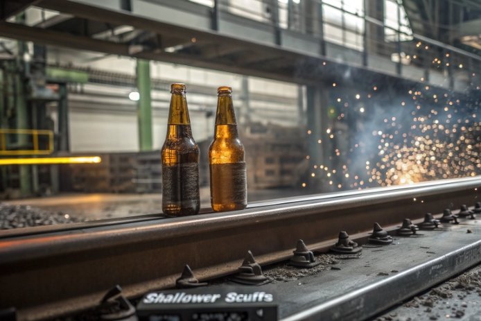 Two amber beer bottles on rail line with sparks, highlighting reduced scuffs