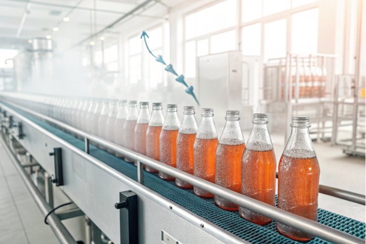 Filled glass beverage bottles moving on factory conveyor line in bottling plant