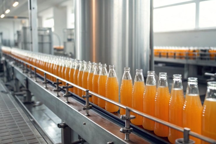 Automated bottling line with small glass bottles filled with orange beverage on conveyor.