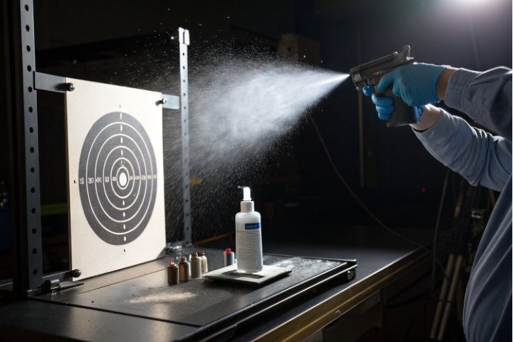 Spray pattern test for pump sprayer, mist hitting target board in lab.
