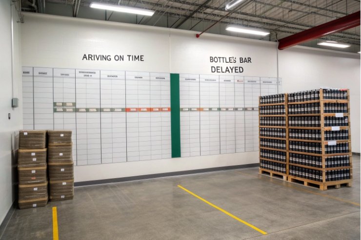Warehouse visual board tracking on-time arrivals and delayed bottles inventory pallets