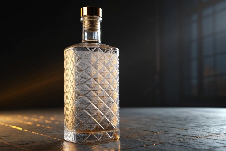 Textured crystal liquor bottle with gold cap in studio lighting