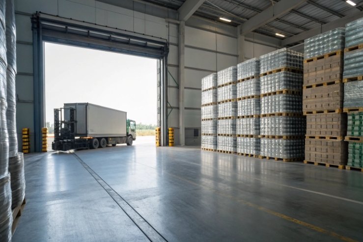 Warehouse storage of palletized glass bottles ready for export loading.